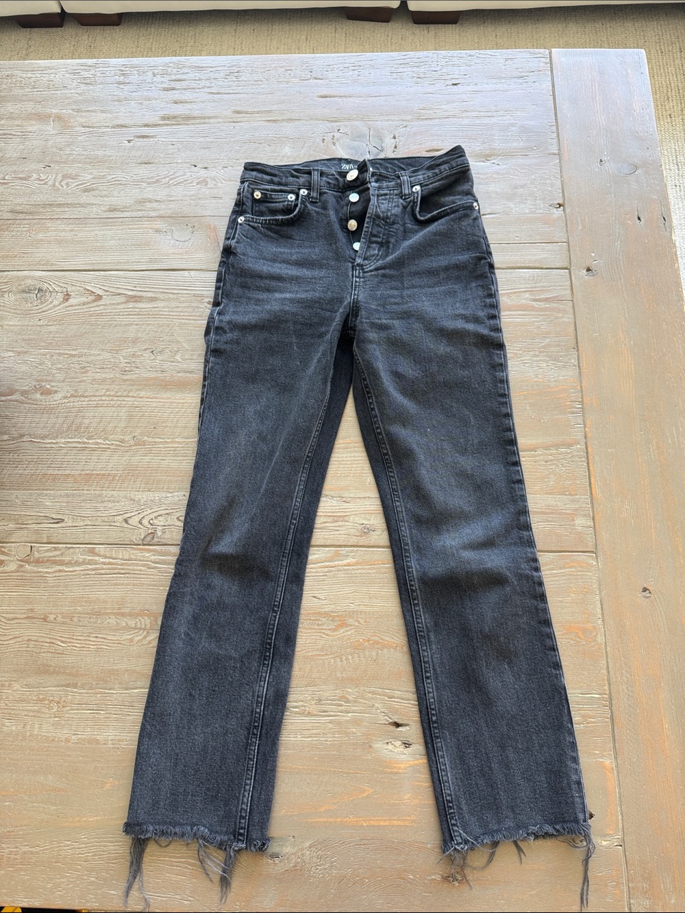 Zara Black High-Rise Straight Leg Jeans with Raw Hem